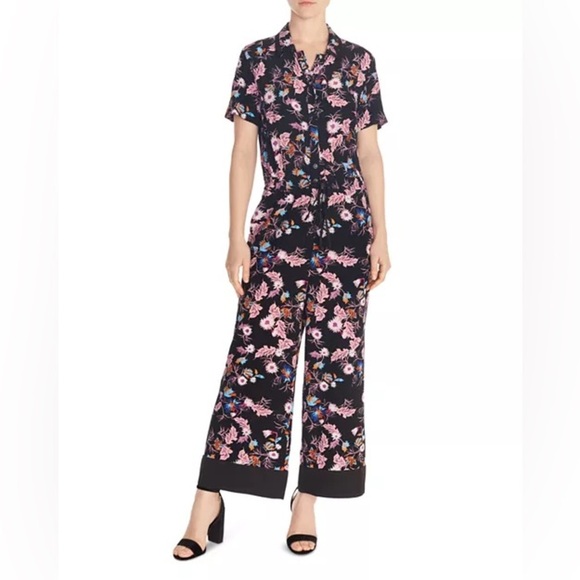 Sandro Jumpsuit Olivier Wide Leg Button Down in Black Floral - Picture 1 of 9